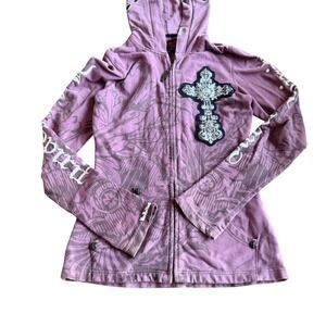 Rebel Spirit Womens Purple Gothic Cross Rhinestone Zip Hoodie Size M Y2K grunge